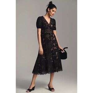 New Anthropologie The Ophelia Puff-Sleeve Black Lace Dress Size US 0